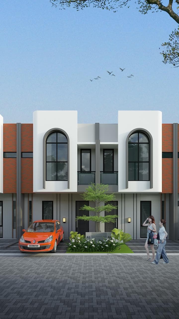 Fasad dua lantai Elaris dengan jendela lengkung